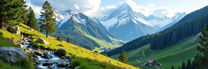 Fototapeta premium Snow-capped mountains with a winding stream in the valley below, alps, freshair, tree