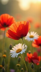 A mesmerizing close-up of vibrant red poppies and delicate daisies basking in golden sunlight, perfect for nature-themed designs, wellness, and floral arrangements.