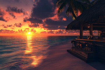 Obraz premium Relax bar on the beach at sunset. generative AI