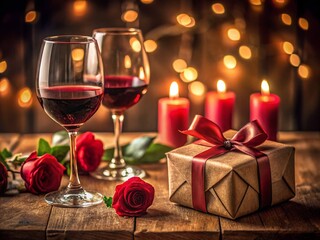 Vintage Valentine's Day Gift & Wine: Romantic Table Setting Stock Photo