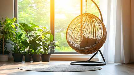Cozy indoor scene with wicker chair, plants, and sunlight through windows