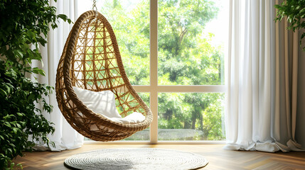 Cozy indoor scene with wicker chair, plants, and sunlight through windows