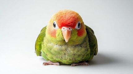 Obraz premium A vibrant green and orange parrot sits perched staring intently. Ideal for pet store ads, wildlife publications, or educational materials.