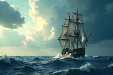 Tall ship with full rigged mast in rough seas and high winds, stormy sky, sailing ship