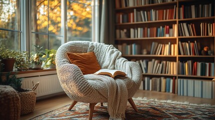 Cozy armchair with book near autumnal window and bookshelves