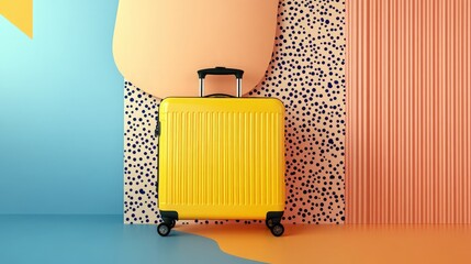 A bright yellow suitcase placed next to a colorful wall with bold patterns and textures