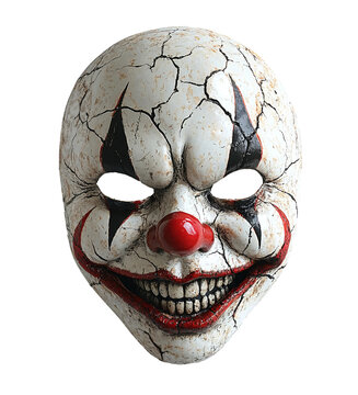 Scary clown mask with red nose and black and white stripes. On transparent background.