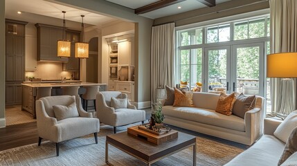 Fototapeta premium Open-plan living room, kitchen visible, neutral tones.