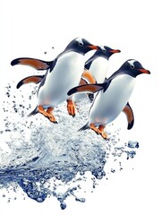 Fototapeta premium Three penguins leap from water, showcasing their playful nature and aquatic agility.
