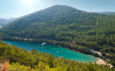 Obraz premium Amazing hilltop view of Paradise bay. A quiet turquoise tourist beach on the Bodrum peninsula. Aegean coast. Turkey holidays and travel. Mugla city, Turkey
