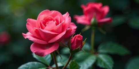 Unfurling rose blooms on a branch, showcasing intricate details, bloom, botanical