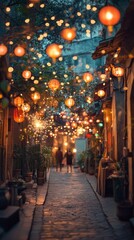 Magical Lantern-Lit Alleyway with Sparklers and Festive Atmosphere at Night