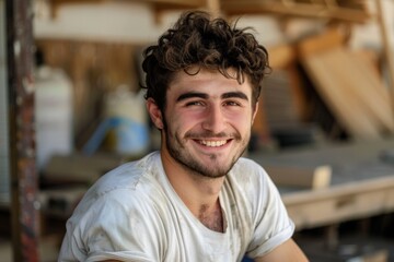 Obraz premium Portrait of a smiling young man working in carpentry shop