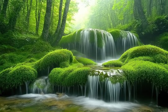Lush green moss-covered rocks and cascading waterfalls in a serene forest landscape during daylight hours