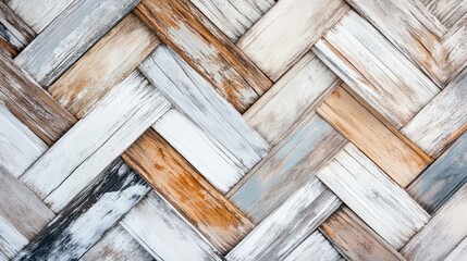 A close-up of a herringbone pattern wallpaper with realistic wood textures in neutral colors