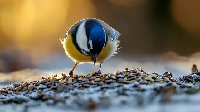 Eurasian blue tit feeding on seeds in the winter sunlight.