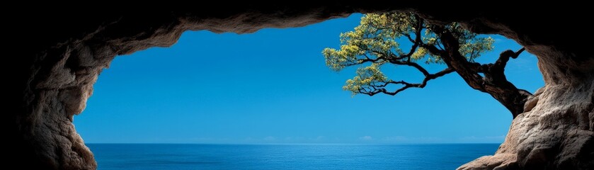 Cave to Ocean View: A picturesque view of a tranquil ocean seen through a dark cave opening, framed by rugged rocks and a lone tree, evokes a sense of serenity and hidden beauty. 