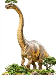 Fototapeta premium A tall dinosaur with a long neck standing on a rocky terrain with trees.