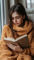 Cozy autumn day spent reading a book while wrapped in a warm sweater.
