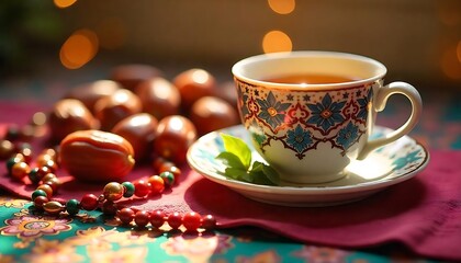 Fototapeta premium Ramadan Essentials Dates, Tea, Prayer Beads, and Lamp on Dark Wood