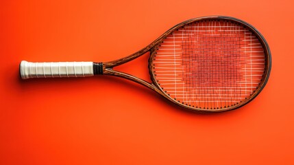 A vintage tennis racket with a worn-out string bed lies on a vibrant orange background. Ideal for sports blogs or equipment retailers.