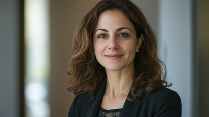 Smiling woman, brown wavy hair, dark jacket.