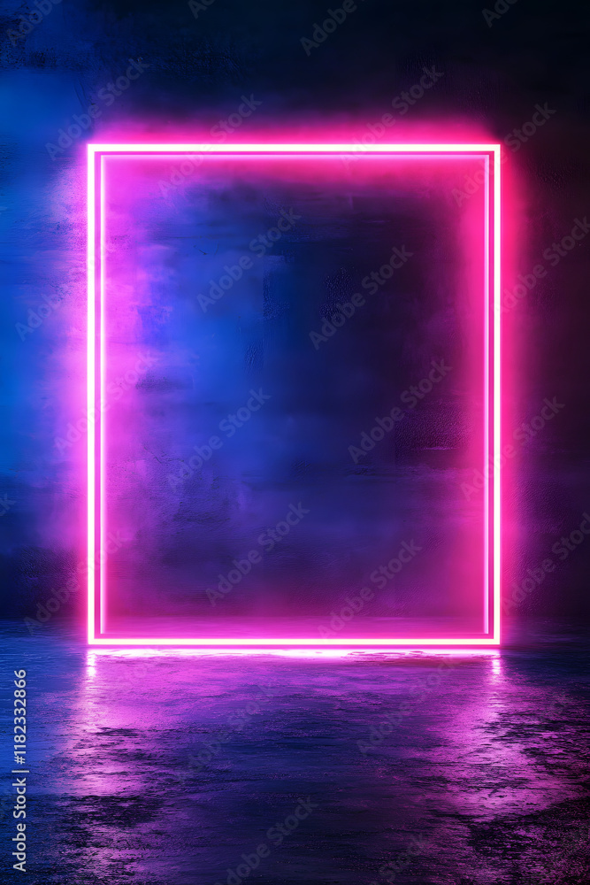 Poster empty neon rectangle frame with shining effect on dark background with copy space. black friday, cyb