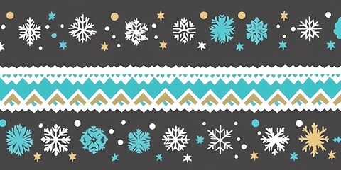 Festive Winter Pattern Design Teal Gold White Snowflakes Geometric Border