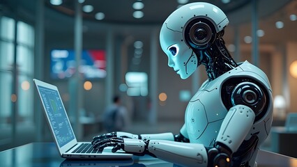 Futuristic Robot Working on Laptop in Modern Office Environment