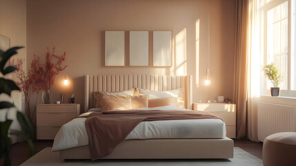 Obraz premium Modern bedroom interior in Pantone color of the year 2025 Mocha Mousse