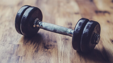 A black dumbbell is on a wooden surface