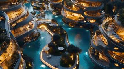 Night view of luxury resort with pools and apartments.