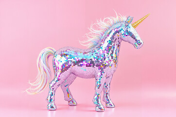 Shiny Disco Unicorn Figurine Lit Against Soft Gradient Background in Pink Tones