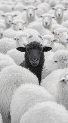 Contrasting Black Sheep Standing Out Among a Flock of Hundreds of White Sheep, Symbolizing Individuality and Uniqueness in Nature