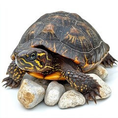 Fototapeta premium A turtle resting on smooth stones, showcasing its colorful shell and natural habitat.