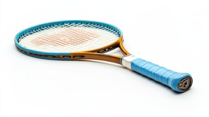 Vintage tennis racket with blue accents and a wooden handle. Ideal for collectors or nostalgic tennis enthusiasts seeking a retro touch.