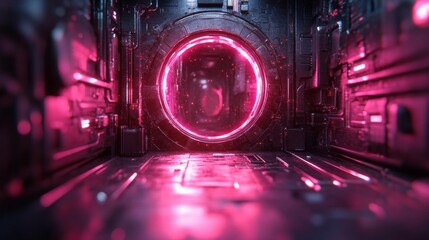 Glowing Pink Digital Keyhole in Sci-Fi Corridor. Generative AI