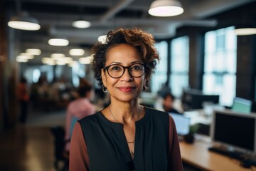 Fototapeta premium Smiling portrait of a senior Indian businesswoman in modern office