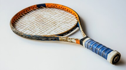 A weathered tennis racket with a worn-out grip and rusted strings suggests a history of vigorous use. Ideal for a vintage sports equipment collection or a decorative piece.