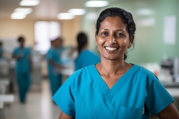 Naklejka premium Portrait of a smiling middle aged Indian nurse in hospital