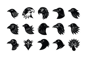WebBlack Silhouette of Bird Head Icon Set Vector Illustration - Minimalist Bird Logos