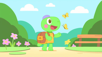 Obraz premium cheerful turtle with colorful backpack enjoys butterflies in nature
