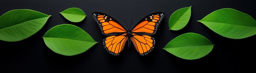 Fototapeta premium Butterfly and Leaves: A monarch butterfly with vibrant orange wings rests gracefully amidst lush green leaves, creating a serene and captivating image. 