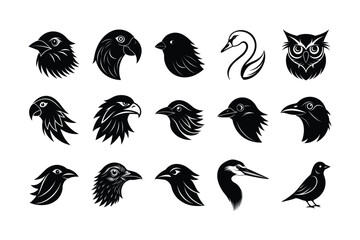 WebBlack Silhouette of Bird Head Icon Set Vector Illustration - Minimalist Bird Logos