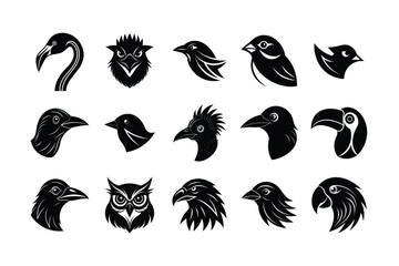 WebBlack Silhouette of Bird Head Icon Set Vector Illustration - Minimalist Bird Logos