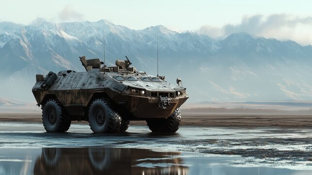 A military vehicle advances steadily over wet ground, the shimmering surface contrasting with the rugged mountain backdrop.