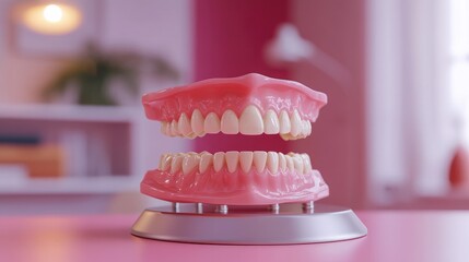 A pair of dentures balanced on a sleek dental model stand with soft gradient lighting