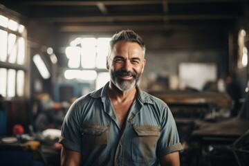 Obraz premium Smiling portrait of a middle aged Caucasian car mechanic in workshop