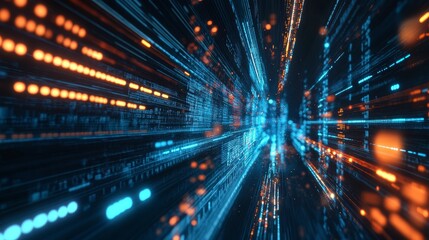 Fototapeta premium Abstract digital data streams, glowing blue and orange.