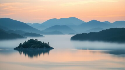 Fototapeta premium Mountainous islands rise from misty waters, bathed in the soft golden hues of sunrise, with the serene sky adding to the tranquil atmosphere.
